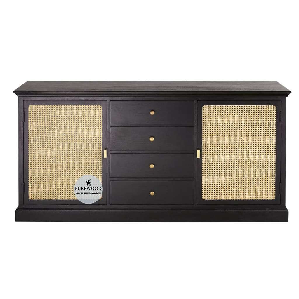 Cane and wood cade media cabinet