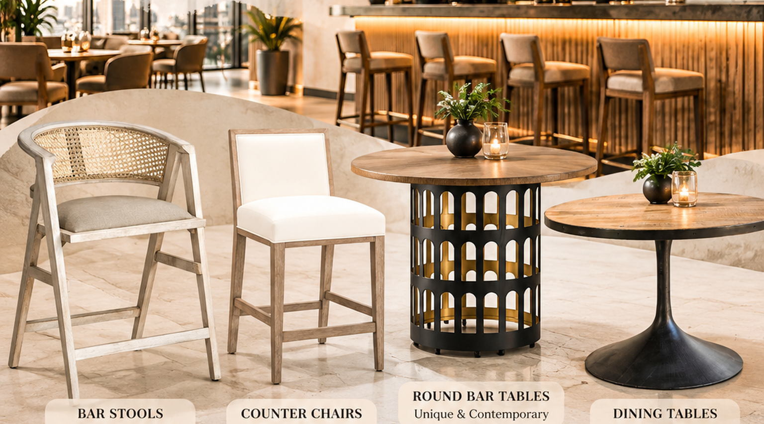 Premium bar furniture in Germany featuring stylish bar stools, modern counter chairs, and elegant wooden round bar tables for restaurants, hotels, and cafés.