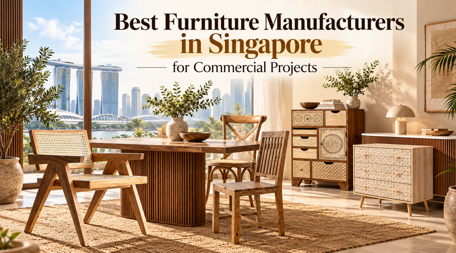 Best furniture manufacturers in Singapore for commercial projects, featuring modern wooden dining furniture, cane chairs, decorative cabinets, and elegant interior furnishings.
