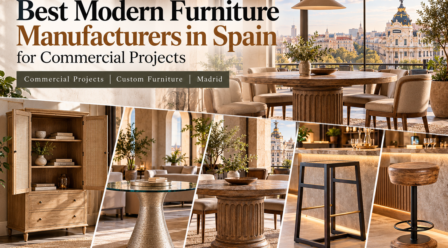 Modern furniture in Spain featuring a wooden cabinet, sculptural tables, dining furniture, and bar stools in elegant commercial interiors with a Madrid city view.