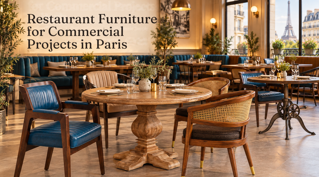 Modern restaurant furniture in a Paris-style interior featuring wooden dining tables, blue leather chairs, cane-back seating, and upholstered booths with elegant décor and Eiffel Tower views.