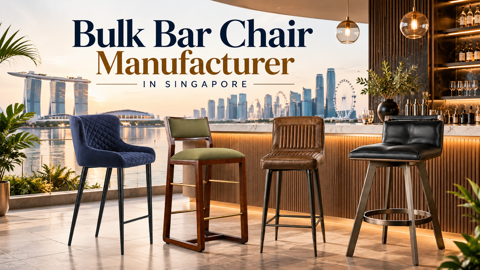 Four different bar chairs displayed in a modern rooftop bar overlooking Singapore skyline.