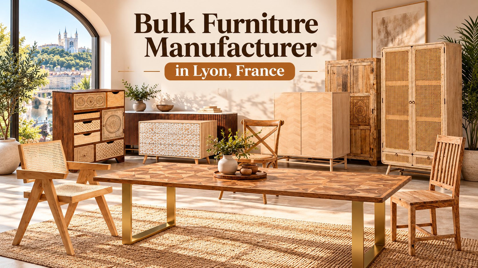 Elegant wooden furniture showroom in Lyon, France featuring modern and rustic design pieces.