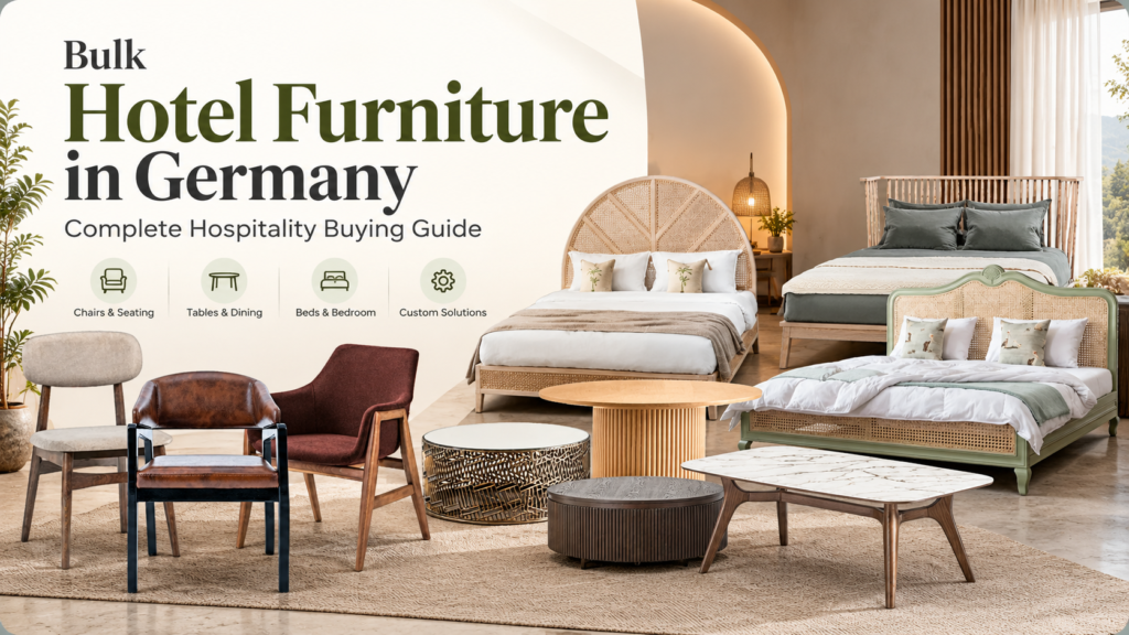 Bulk hotel furniture in Germany buying guide featuring modern beds, chairs, and tables.