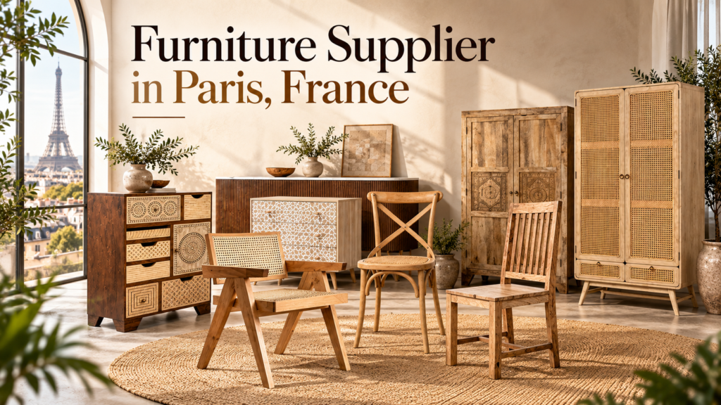 Interior scene featuring wooden furniture and chairs with the Eiffel Tower in the background.