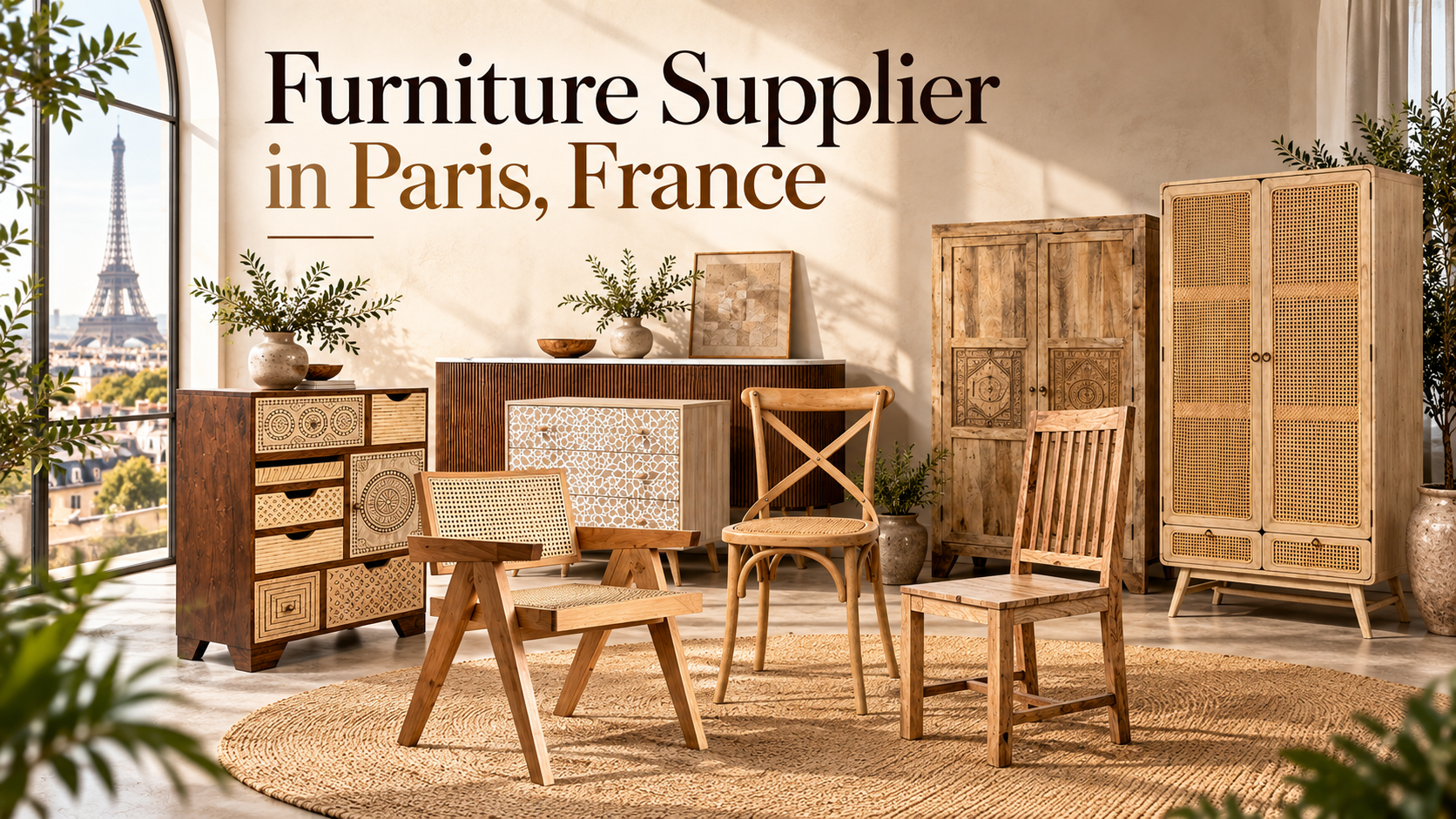 Interior scene featuring wooden furniture and chairs with the Eiffel Tower in the background.