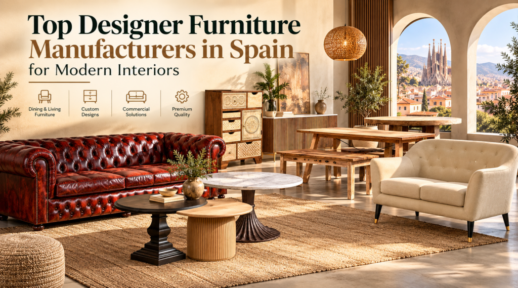 Top designer furniture manufacturers in Spain featuring modern sofas, dining tables, coffee tables, wooden cabinets, and custom furniture in a stylish Mediterranean interior.