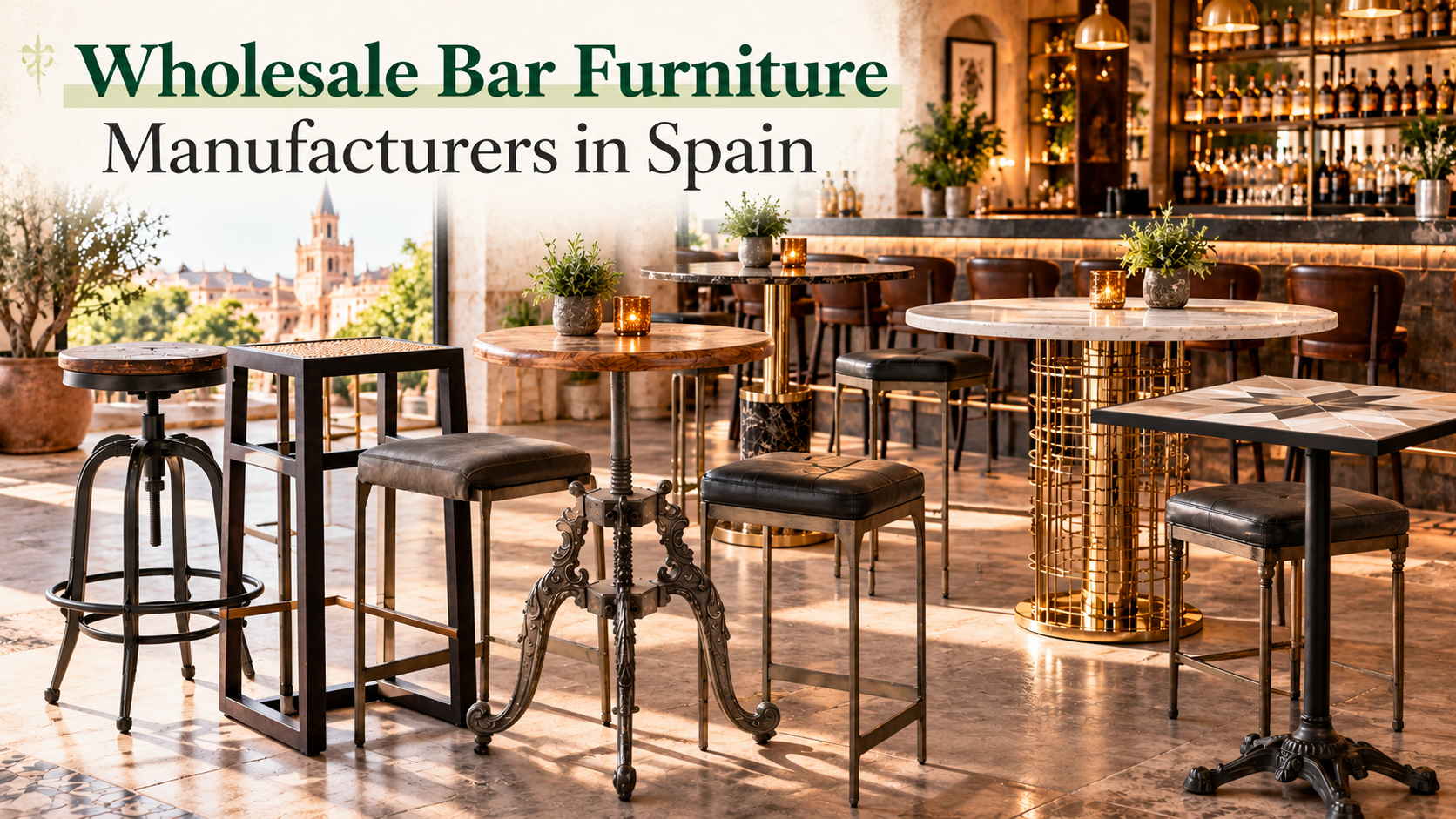 Stylish wholesale bar furniture including tables and stools displayed in a Spanish bar.