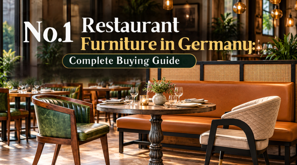 No.1 restaurant furniture in Germany featuring stylish dining tables, upholstered chairs, bar stools, and custom booth seating in a modern restaurant interior.