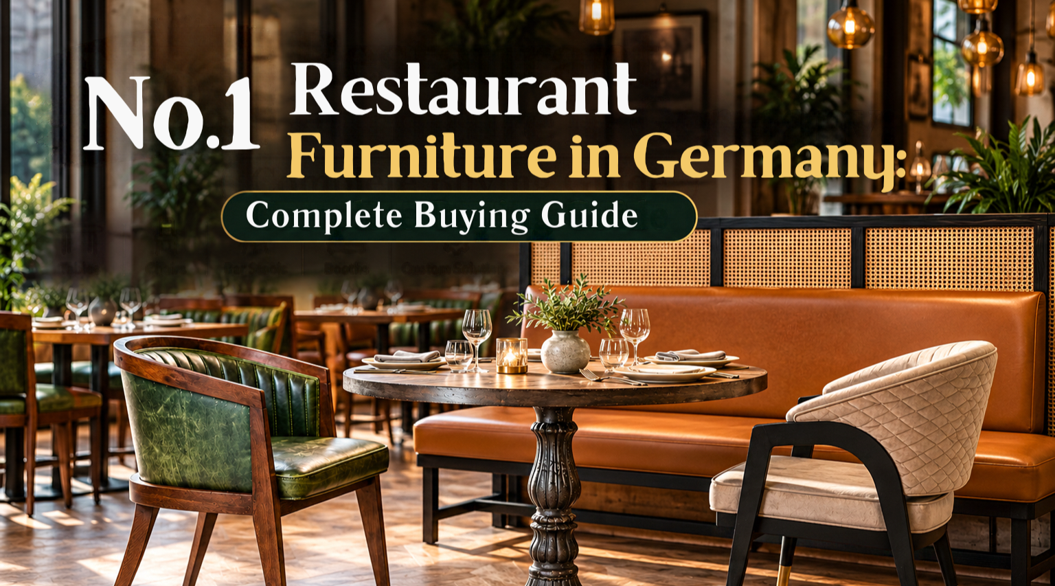 No.1 restaurant furniture in Germany featuring stylish dining tables, upholstered chairs, bar stools, and custom booth seating in a modern restaurant interior.